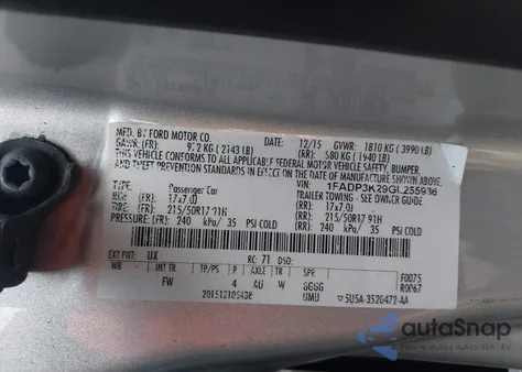 2016 Ford Focus Se из США, поврежденный, VIN 1FADP3K29GL255936